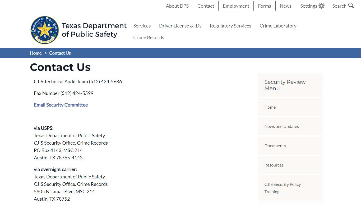 Contact Us - Texas Department of Public Safety