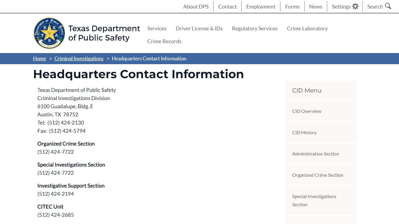 Headquarters Contact Information | Department of Public Safety